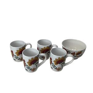Set of 4 Royal Norfolk Red Yellow Flower Design Mugs Porcelain with Bowl Aztec